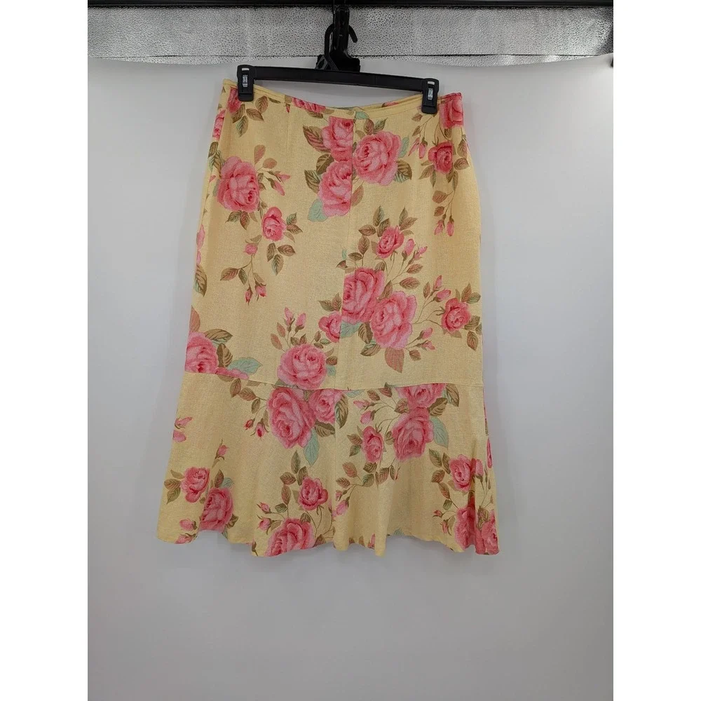 Boho Cottagecore Y2K 90s Yellow Pink Rose Floral LinenBlend‎ Blazer/Skirt 14 Set